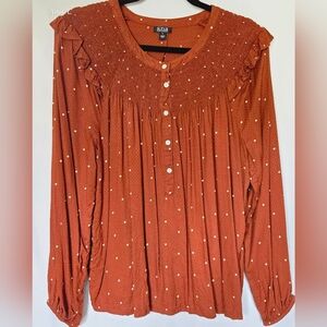 a.n.a Rust Dot Blouse with Ruffles. Fun Top For Business Casual Or Just Jeans!!